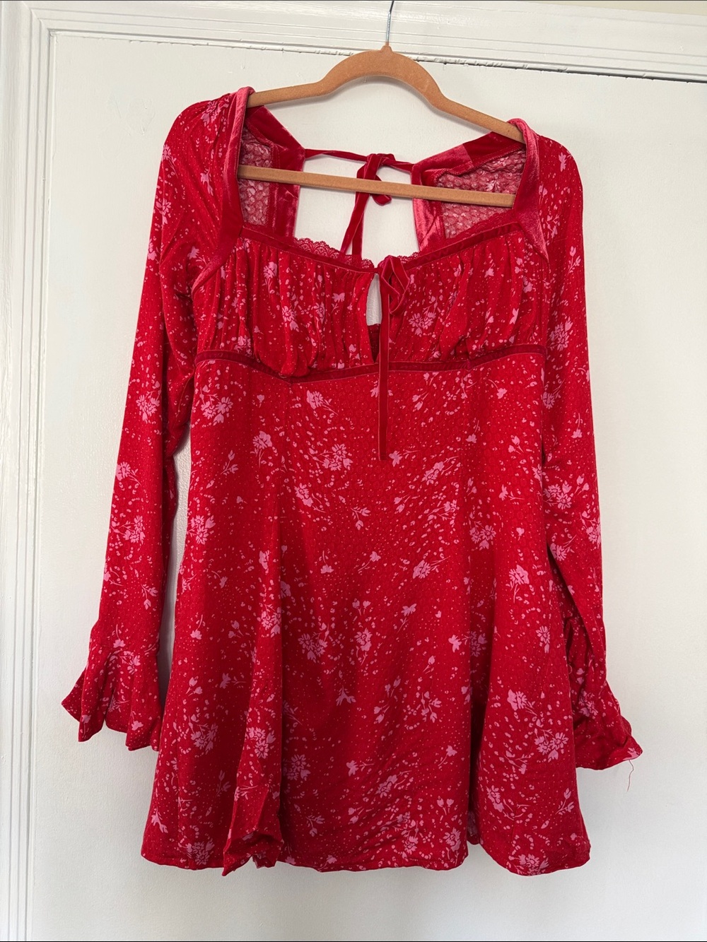 Free People Red Floral Tie-Back Tunic velour piping and tie